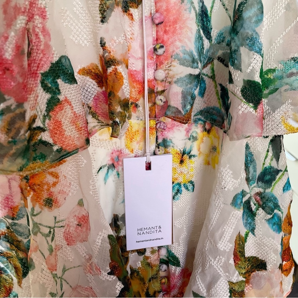 NWT Hemant and Nandita Amal Short Dress with Tie Up Belt Floral Tier Dress - Picture 9 of 12
